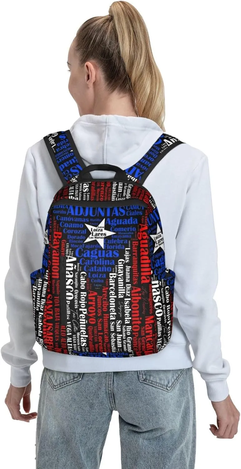 Puerto Rican Flag Towns Cities Of Puerto Rico Travel Backpacks Casual Laptop Backpack Sport Rucksack Large Capacity Daypack Multi-Pockets Adjustable Strap Bag for Working Hiking