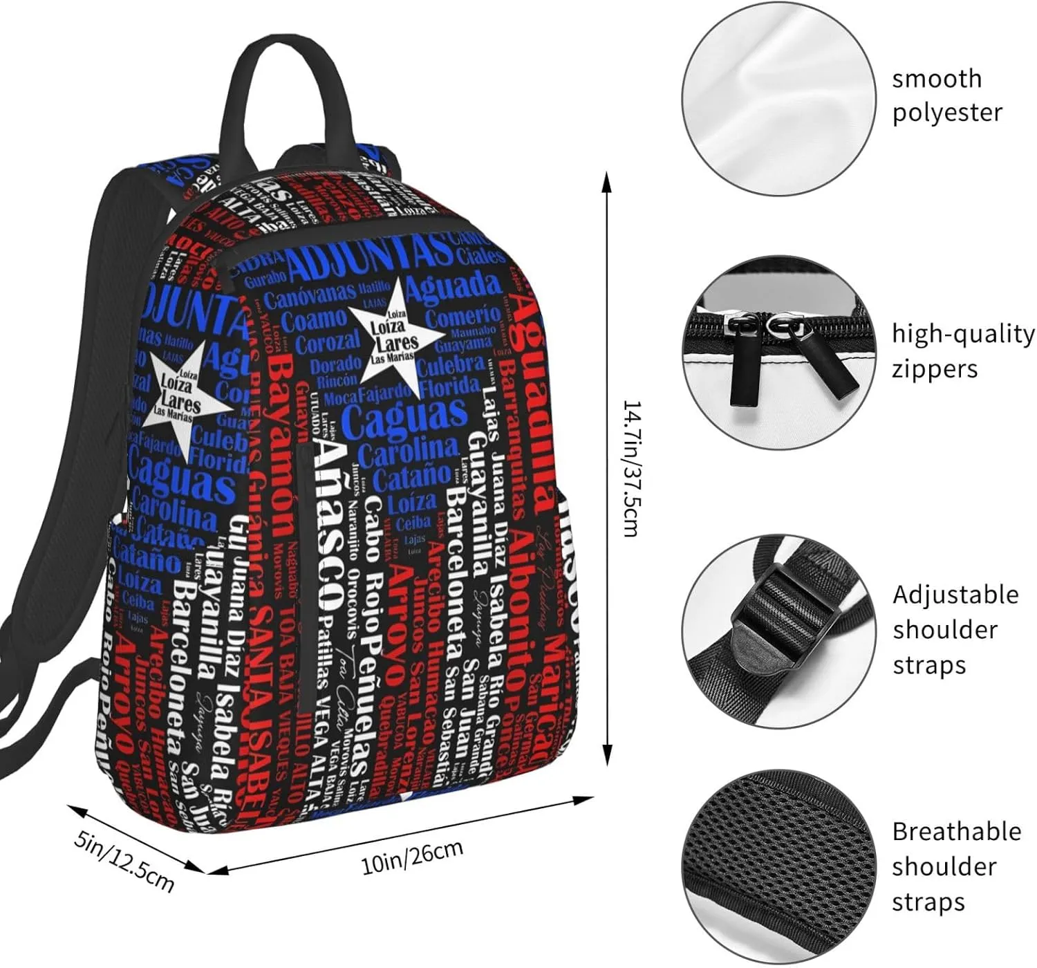 Puerto Rican Flag Towns Cities Of Puerto Rico Travel Backpacks Casual Laptop Backpack Sport Rucksack Large Capacity Daypack Multi-Pockets Adjustable Strap Bag for Working Hiking