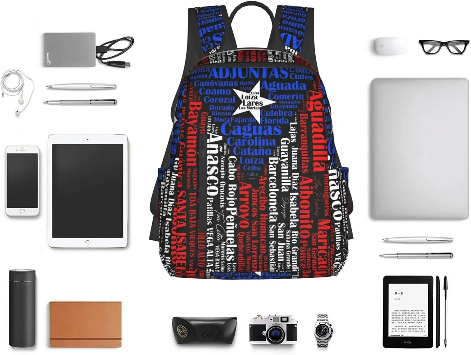 Puerto Rican Flag Towns Cities Of Puerto Rico Travel Backpacks Casual Laptop Backpack Sport Rucksack Large Capacity Daypack Multi-Pockets Adjustable Strap Bag for Working Hiking