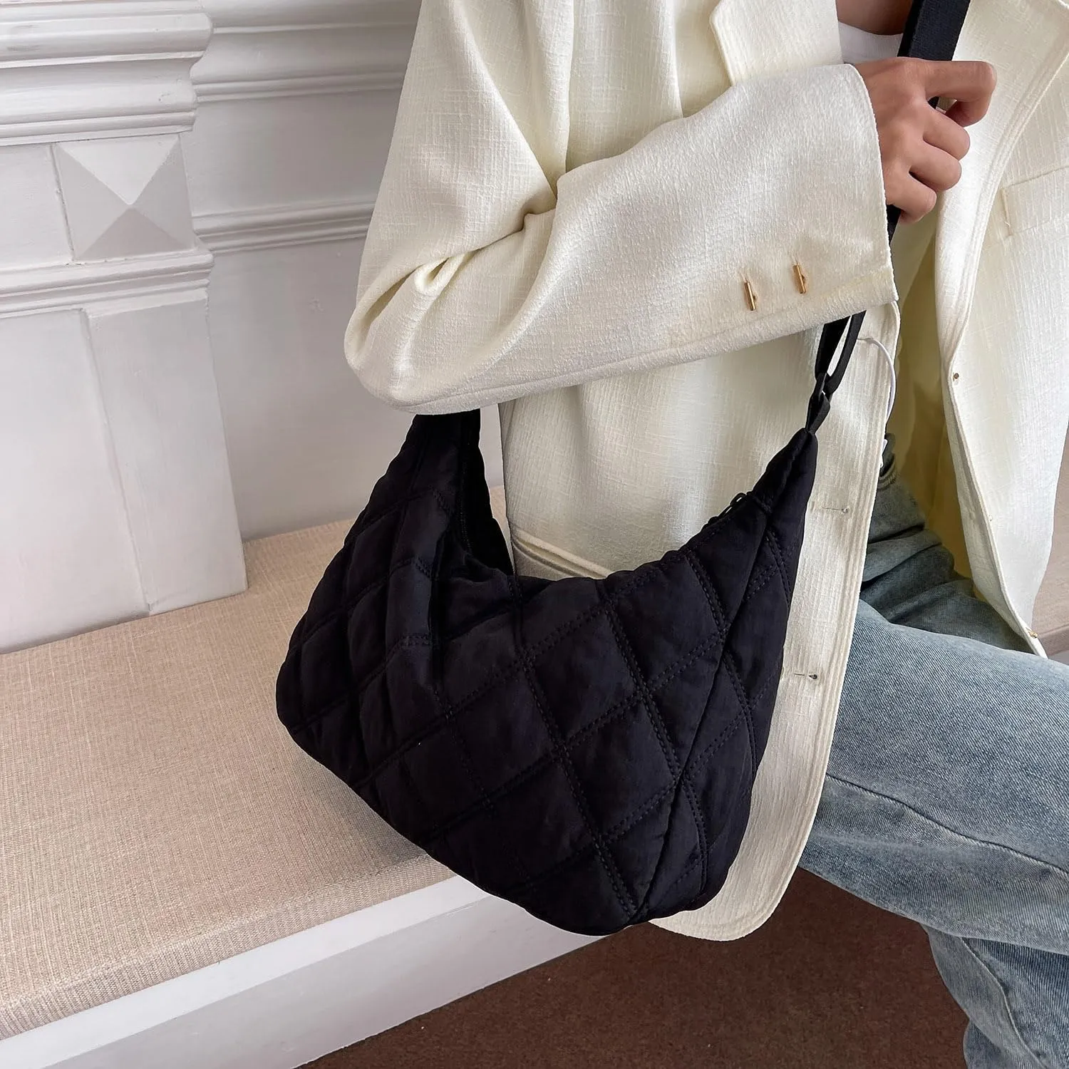 Puffer Quilted Tote Bag for Women Puffy Padded Crossbody Purse Soft Lightweight Shoulder Bag with Zipper