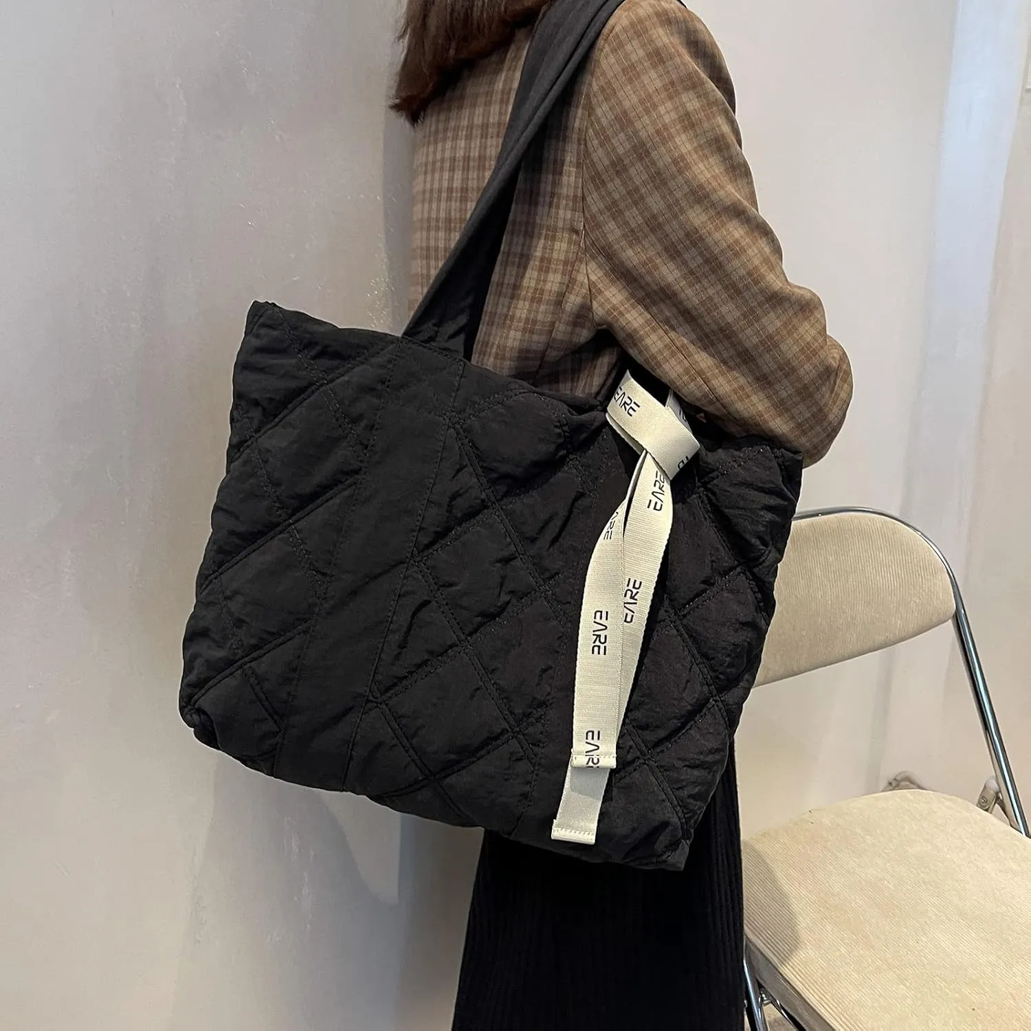 Puffer Quilted Tote Bag for Women Puffy Padded Purse with Zipper Work Nylon Soft Purse