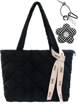 Puffer Quilted Tote Bag for Women Puffy Padded Purse with Zipper Work Nylon Soft Purse