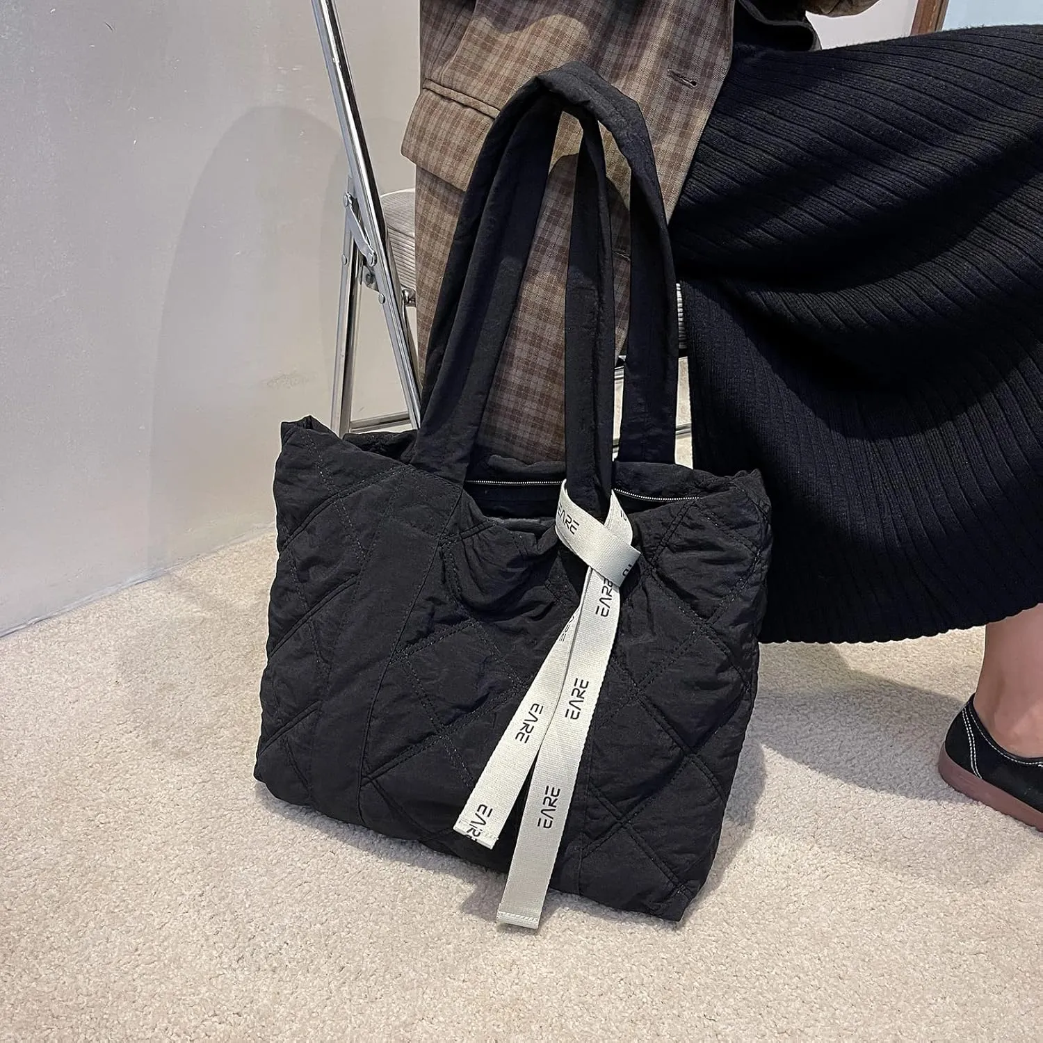 Puffer Quilted Tote Bag for Women Puffy Padded Purse with Zipper Work Nylon Soft Purse