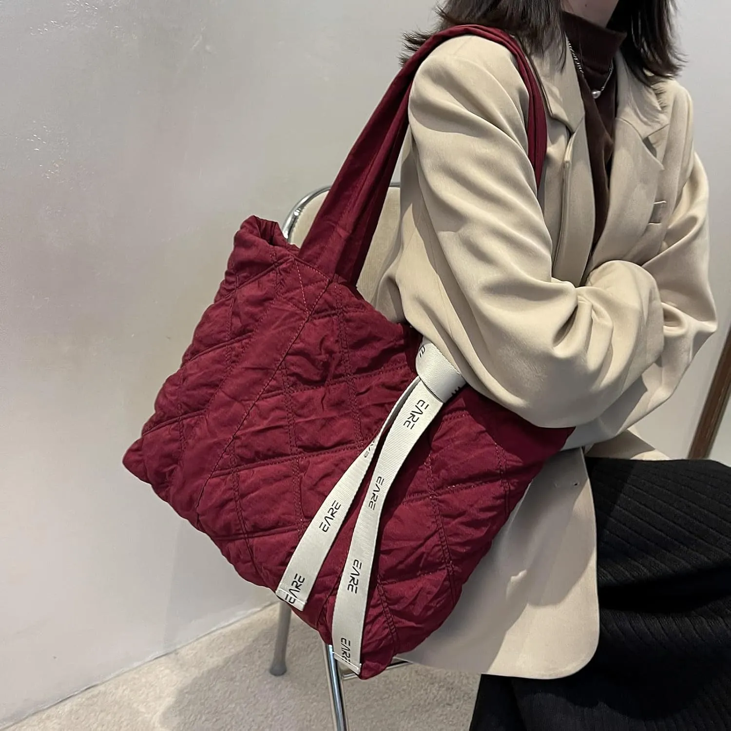 Puffer Quilted Tote Bag for Women Puffy Padded Purse with Zipper Work Nylon Soft Purse