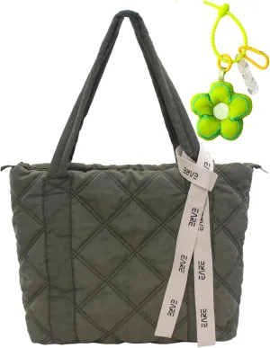Puffer Quilted Tote Bag for Women Puffy Padded Purse with Zipper Work Nylon Soft Purse