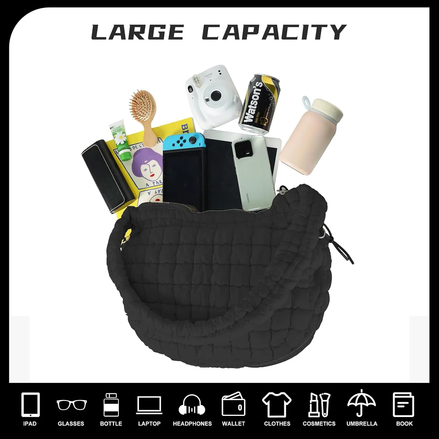 Puffer Tote Bag for Women, Large Puffy Quilted Crossbody Purse with Zipper Lightweight Shoulder Bag Handbag