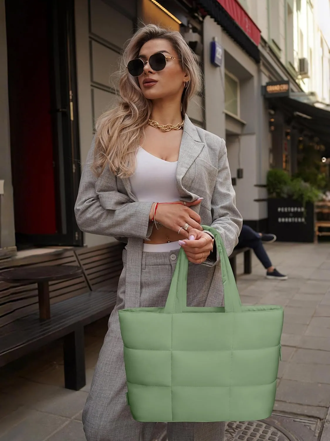 Puffer Tote Bag for Women, Mother's Day Gift, Large Quilted Puffy Handbag with Side Pockets, Lightweight Shoulder Bag