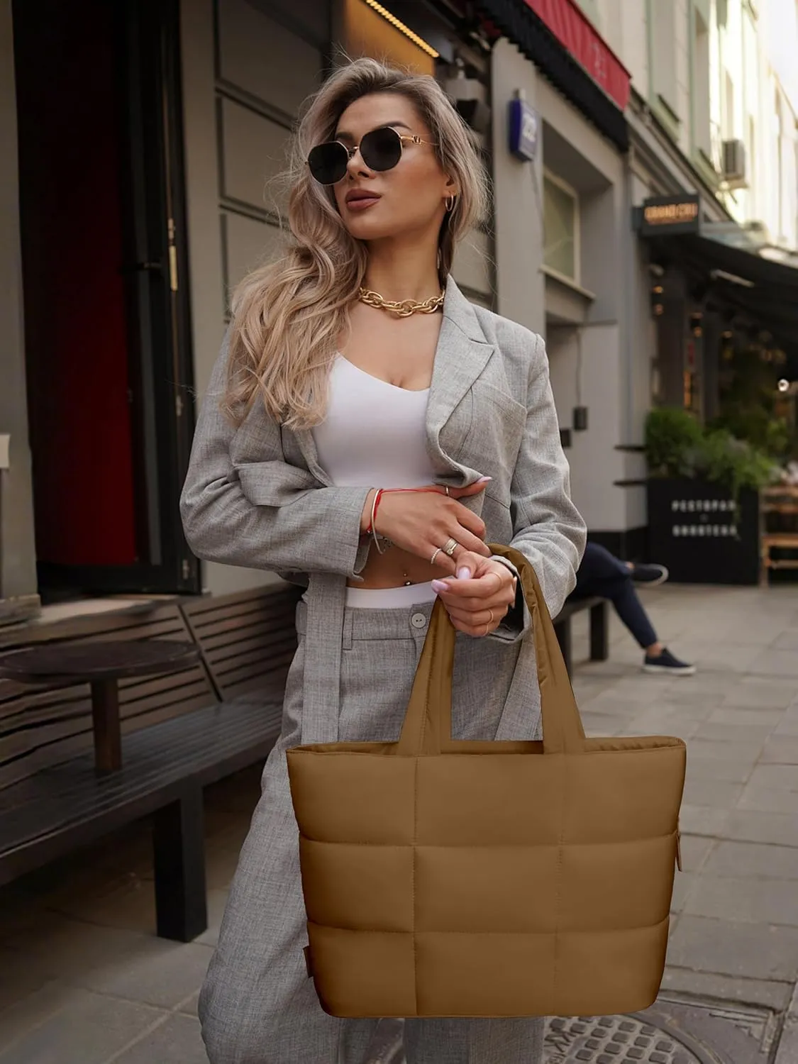 Puffer Tote Bag for Women, Mother's Day Gift, Large Quilted Puffy Handbag with Side Pockets, Lightweight Shoulder Bag
