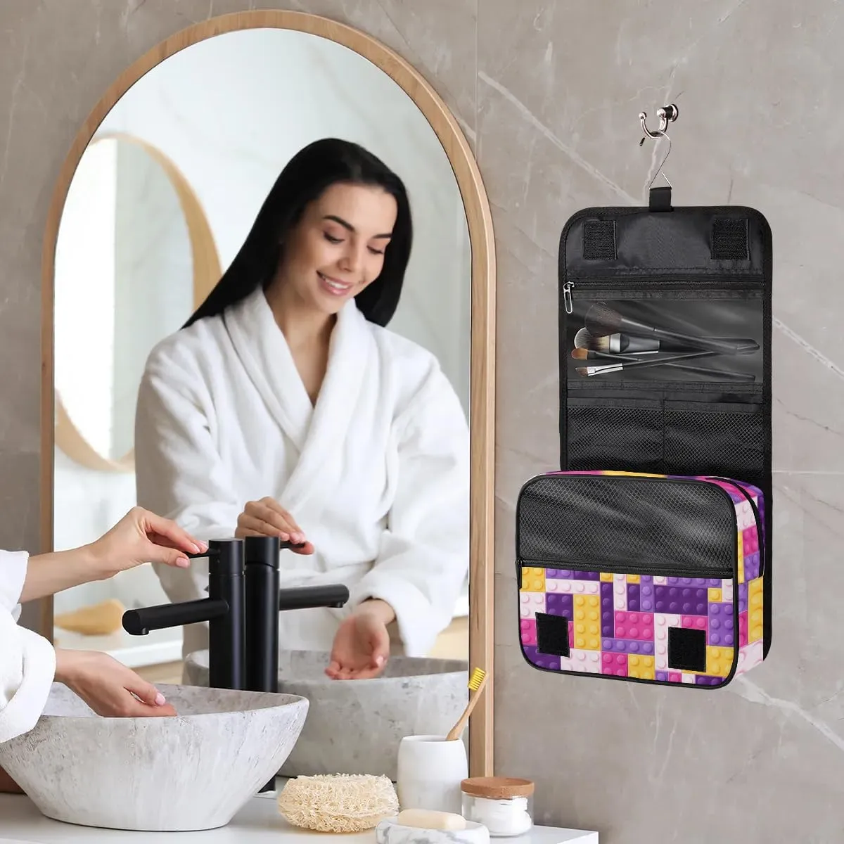 Purple Building Blocking Hanging Travel Toiletry Bag for Kids, Women Cosmetic Organizer Makeup Bag Pouch Men Shaving Dopp Kit Shower Bag With Sturdy Hook