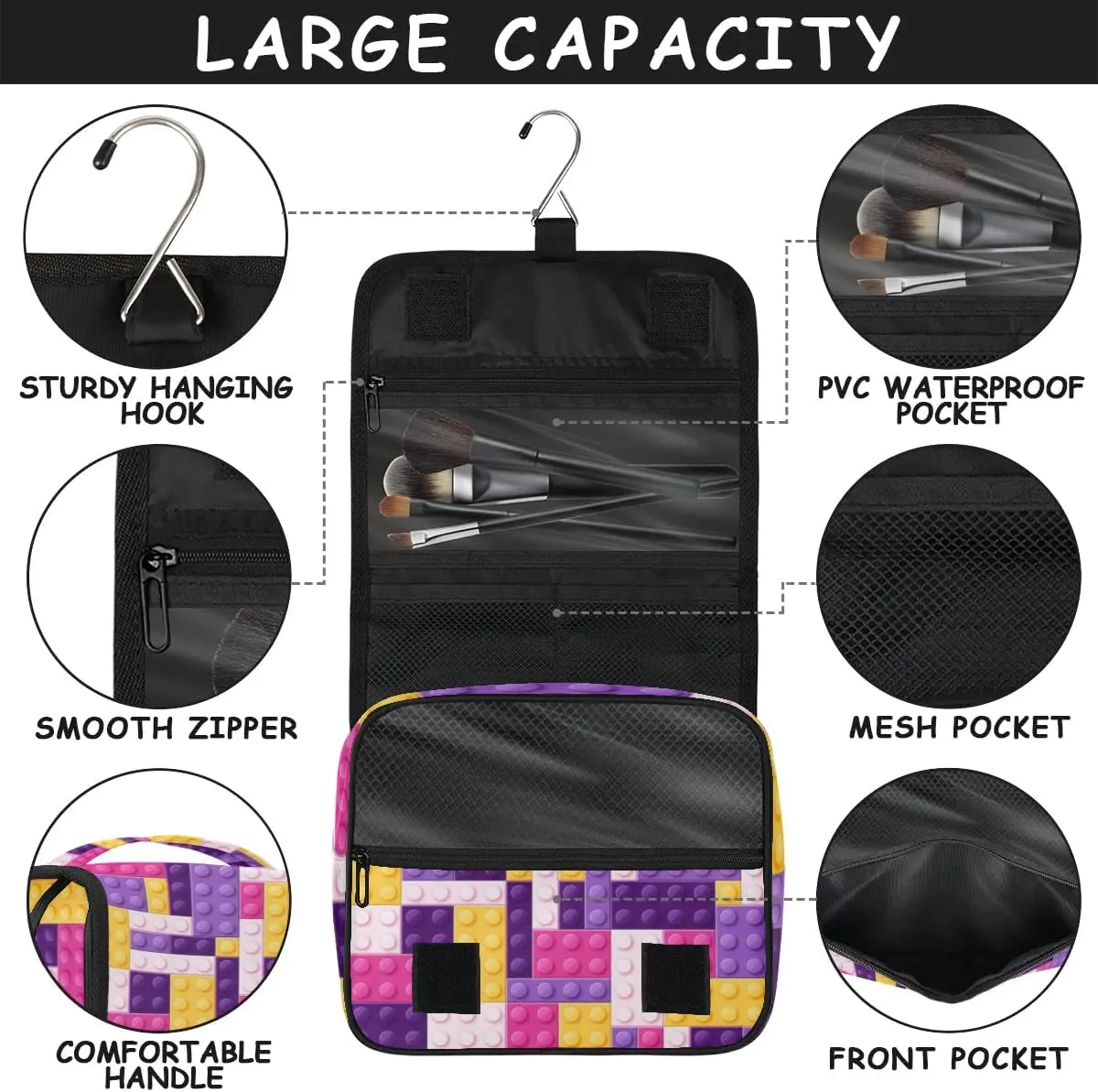 Purple Building Blocking Hanging Travel Toiletry Bag for Kids, Women Cosmetic Organizer Makeup Bag Pouch Men Shaving Dopp Kit Shower Bag With Sturdy Hook