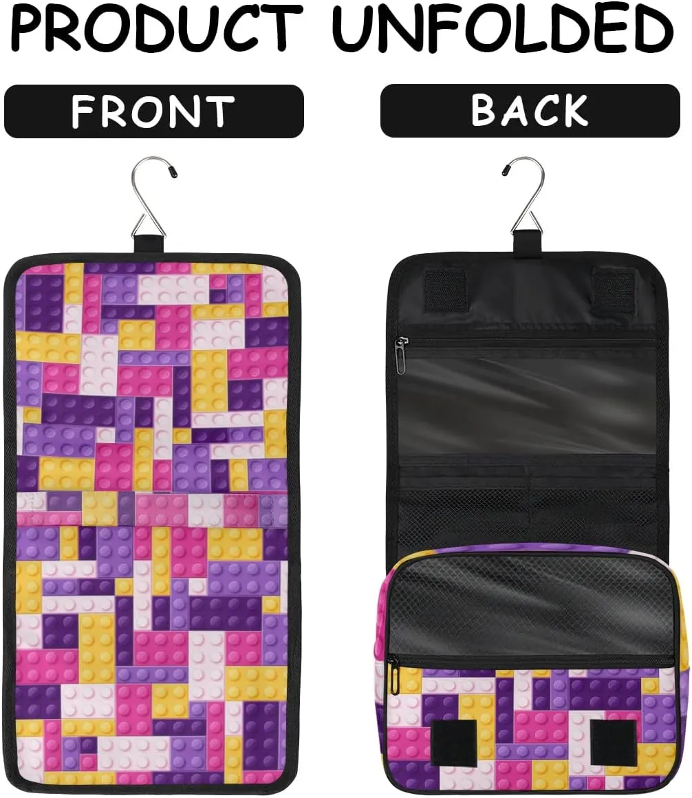 Purple Building Blocking Hanging Travel Toiletry Bag for Kids, Women Cosmetic Organizer Makeup Bag Pouch Men Shaving Dopp Kit Shower Bag With Sturdy Hook