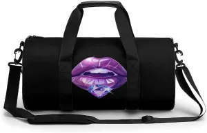 Purple Design Lips Diamond Gym Bag Cylindrical Sports Bag Travel Duffel Bag with Shoulder Strap