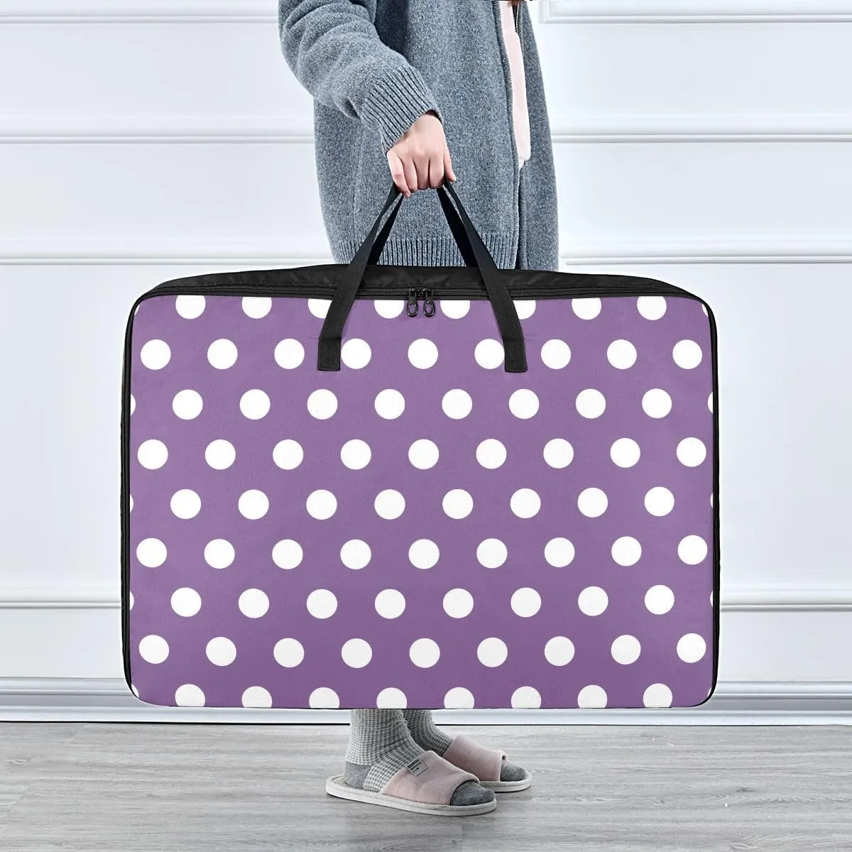 Purple Polka Dots Storage Bag, 27.5x19.7x11 In, Extra Large Storage Duffle Bag with Zippers and Handles Collapsible Storage Totes for Storing, Camping, Packing and Moving Supplies