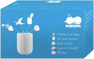 Purring Small Wastebasket Liners with Quick-Dispense, 4 Gallon Waste Basket Bags with Cute and Compact Package, 100 Count (Blue)