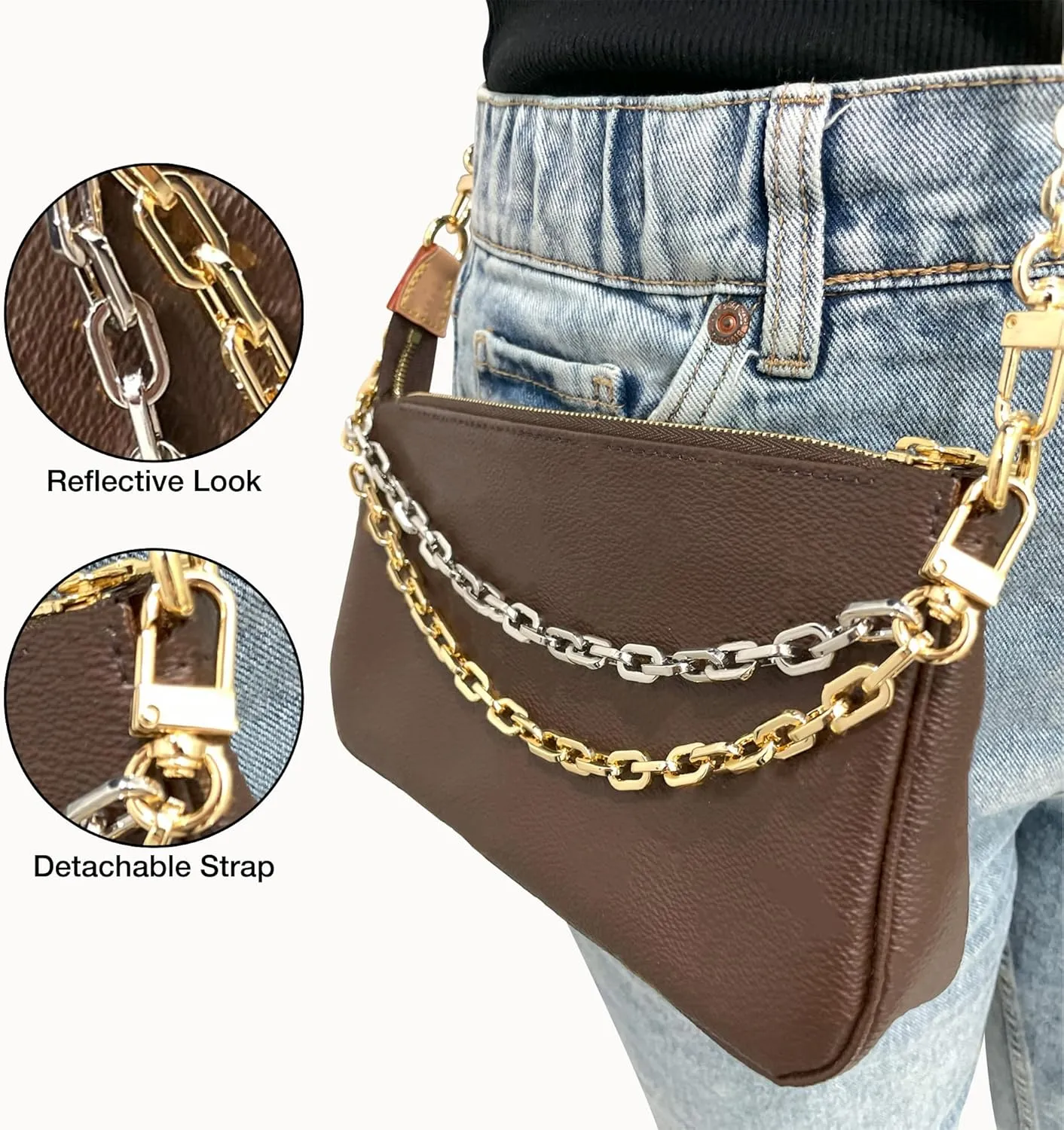 Purse Chain [Double Charm] Gold Silver Shoulder Bag Chain Accessory - Box on Box 11" by 10"