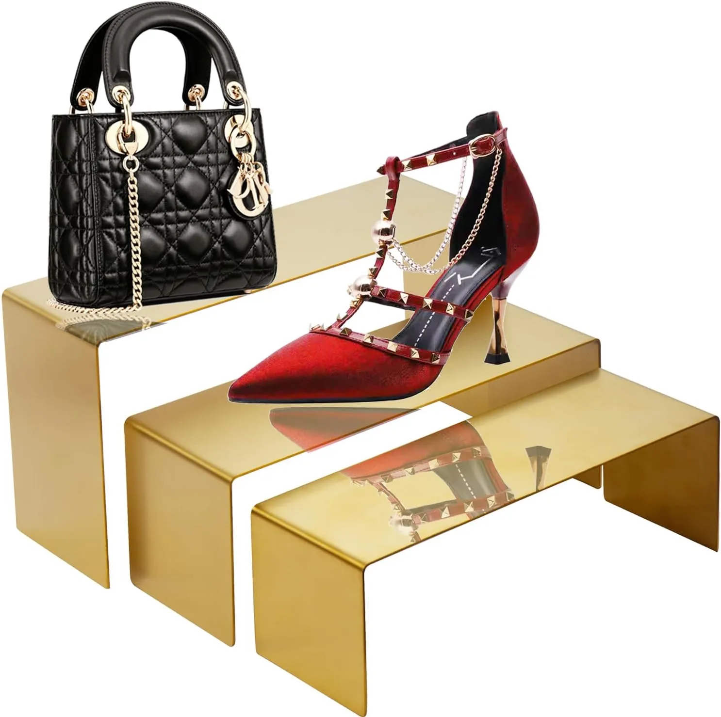 Purse Display Stand, 3 Gold Risers Display Stands Stainless Steel, Heavy Duty Countertop Shoes Stand Handbag Holder Risers for Home Boutique Retail Store Vendor, Easter Basket Candy Eggs Display Stand