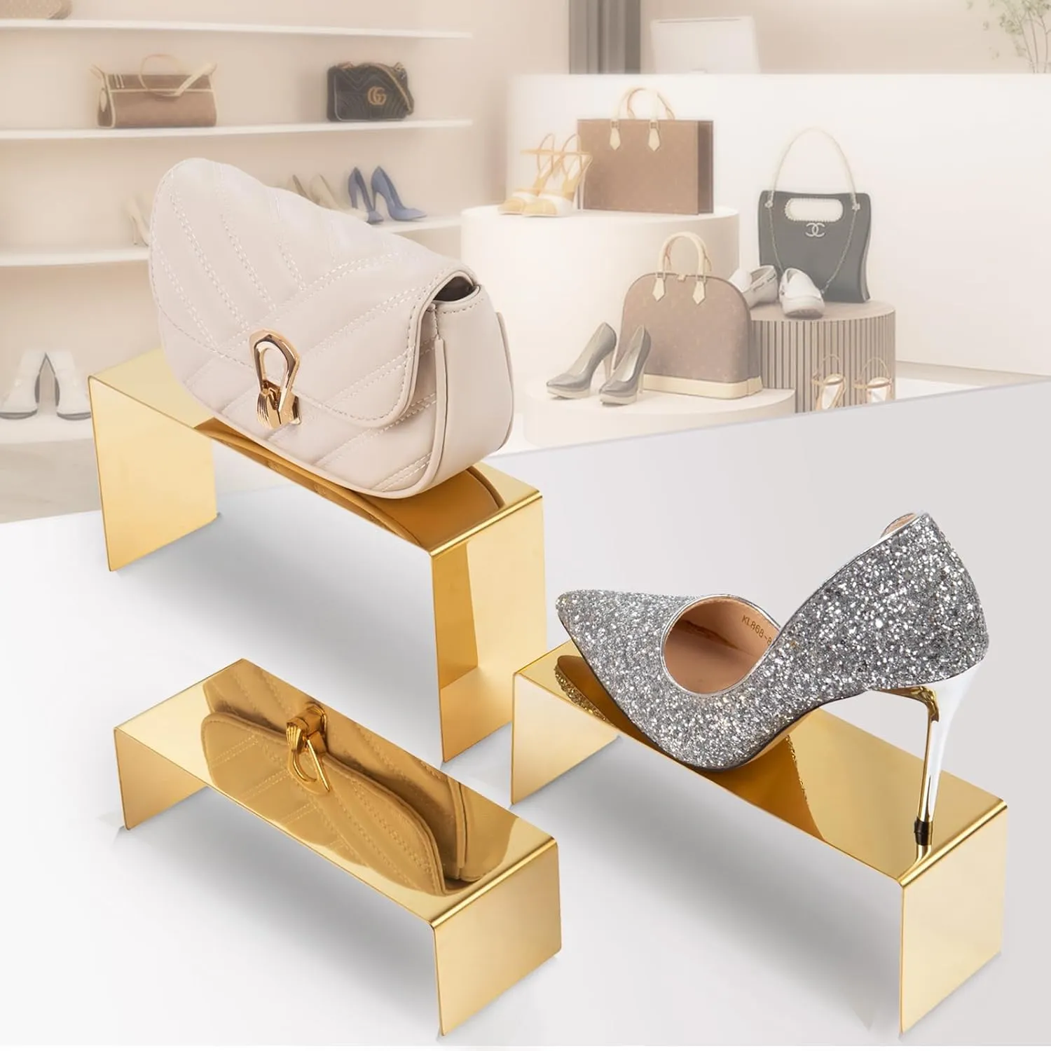 Purse Display Stand, 3 Gold Risers Display Stands Stainless Steel, Heavy Duty Countertop Shoes Stand Handbag Holder Risers for Home Boutique Retail Store Vendor, Easter Basket Candy Eggs Display Stand