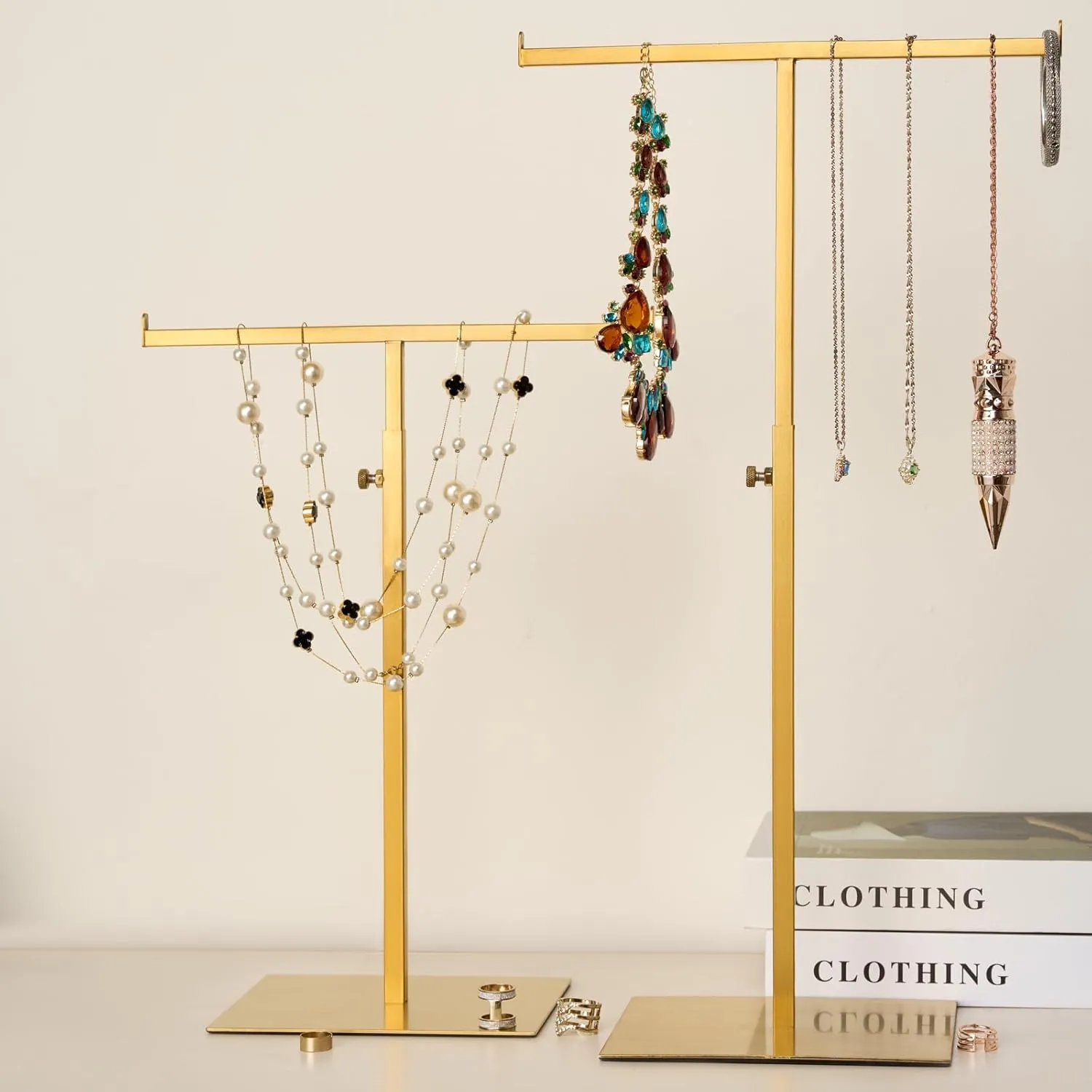 Purse Display Stand Jewelry Tower Stainless Steel Handbag Stand Jewelry Stands Tabletop for Necklaces Organizer Stand Adjustable Height Home Store Boutique, Gold