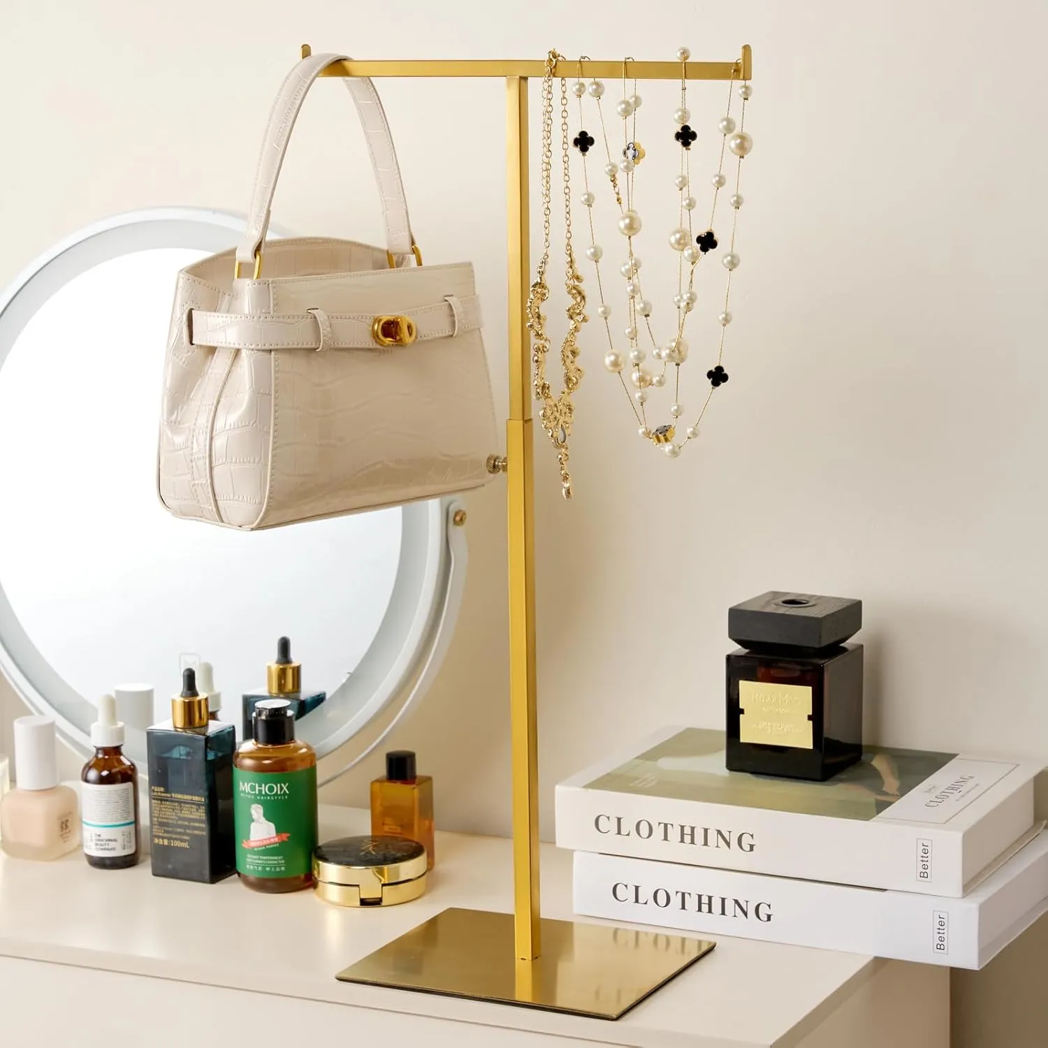 Purse Display Stand Jewelry Tower Stainless Steel Handbag Stand Jewelry Stands Tabletop for Necklaces Organizer Stand Adjustable Height Home Store Boutique, Gold