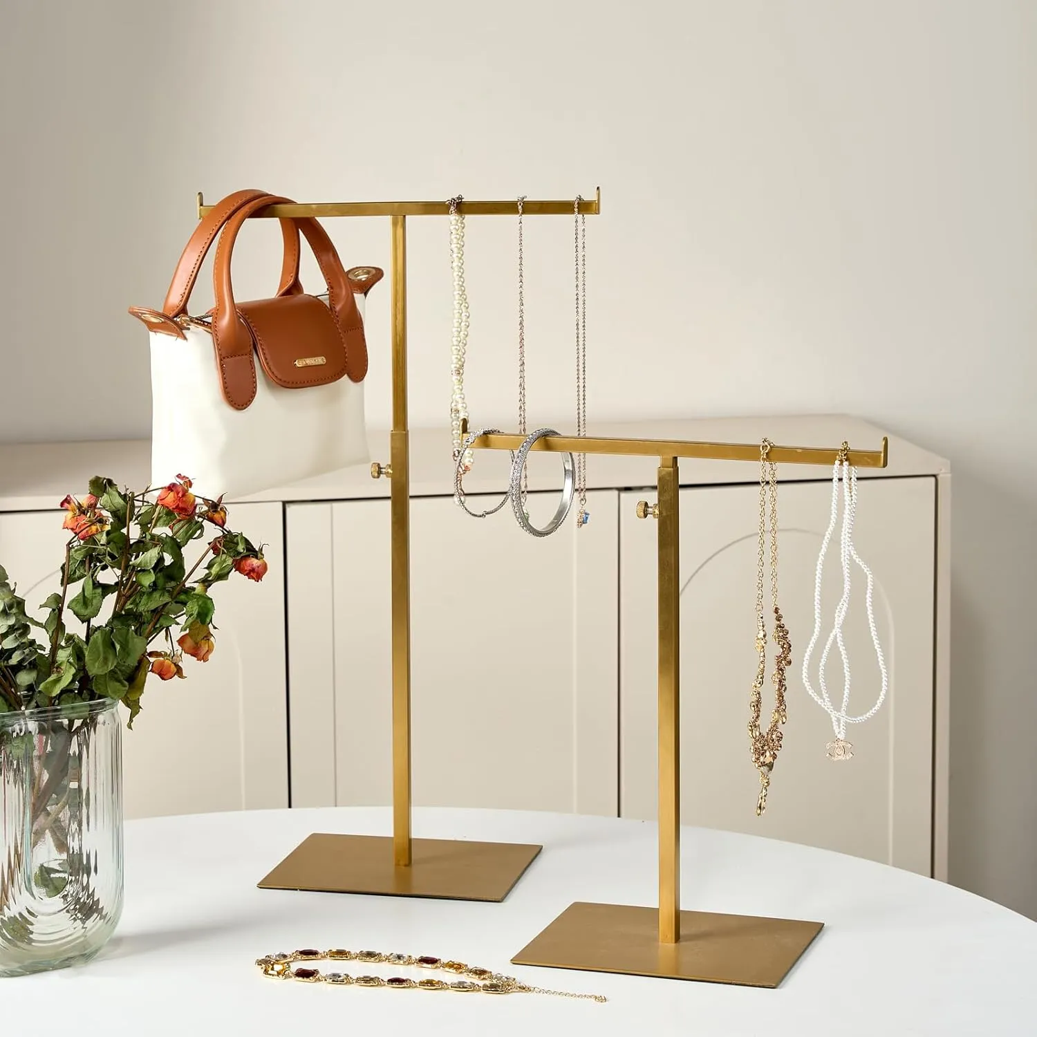 Purse Display Stand Jewelry Towers 2 Packs Stainless Steel Bag Stand Tabletop Double Hook Hanging Jewelry Stands for Necklaces Organizer Stand Adjustable Height Home Store Boutique