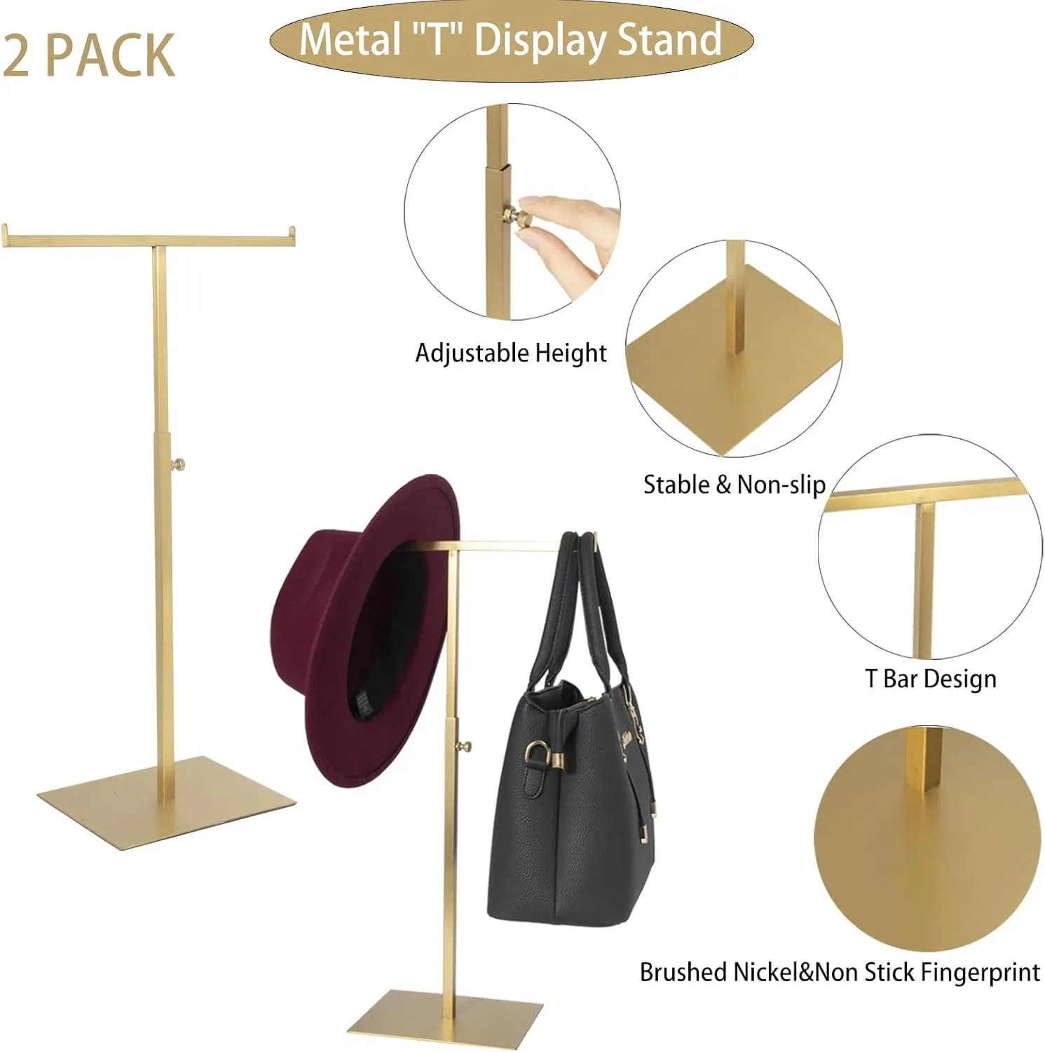 Purse Display Stand Jewelry Towers 2 Packs Stainless Steel Bag Stand Tabletop Double Hook Hanging Jewelry Stands for Necklaces Organizer Stand Adjustable Height Home Store Boutique