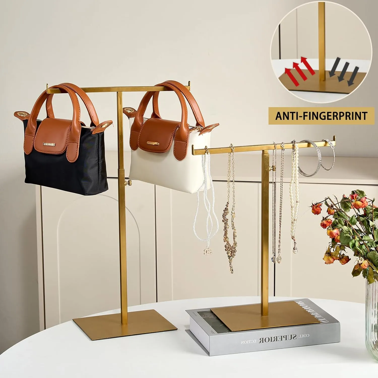 Purse Display Stand Jewelry Towers 2 Packs Stainless Steel Bag Stand Tabletop Double Hook Hanging Jewelry Stands for Necklaces Organizer Stand Adjustable Height Home Store Boutique