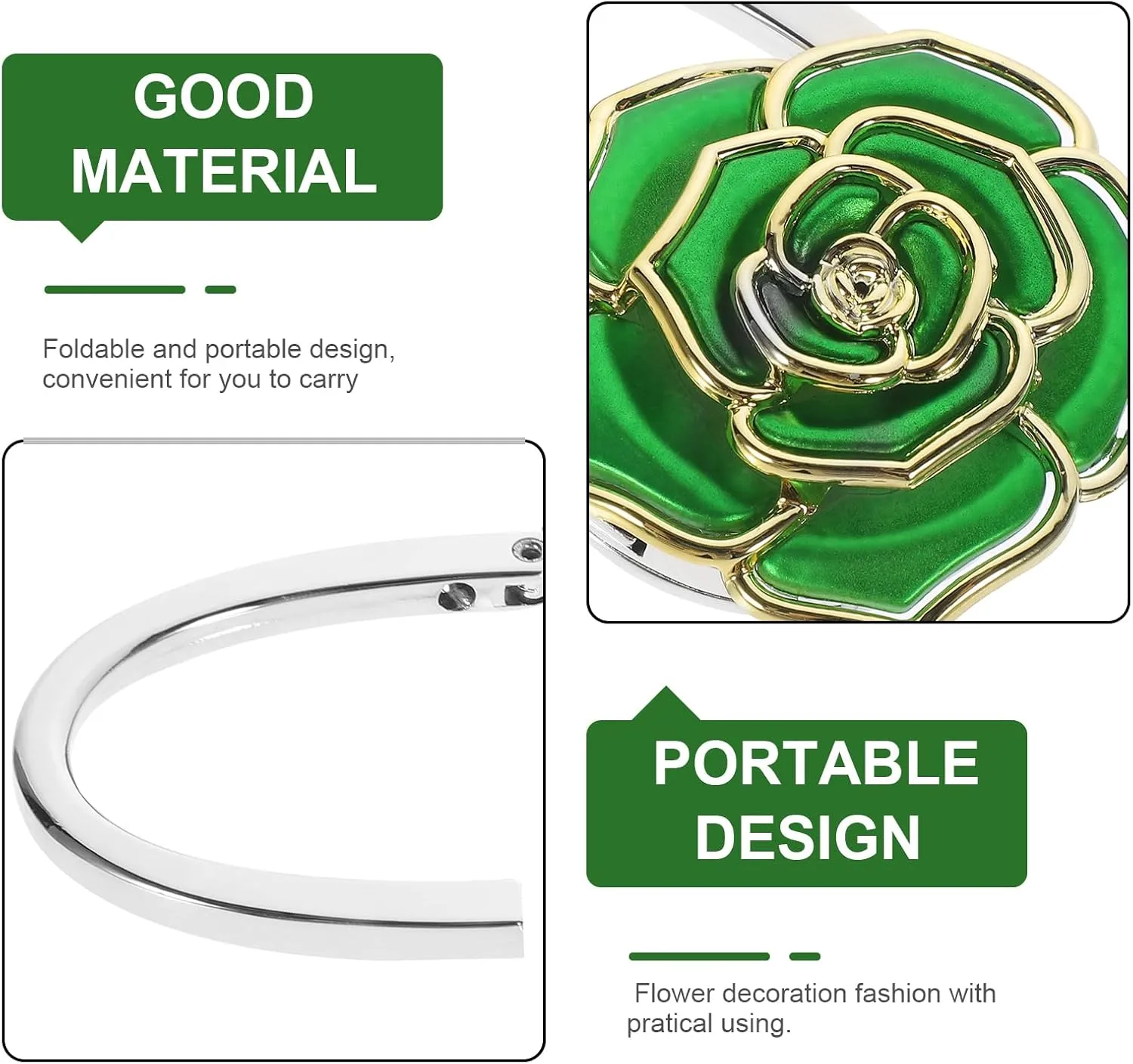 Purse Hanger, Green Rose Handbag Holder Hook Foldable Handbag Hanger, Purse Table Hanger Womens Bag Purse Holder for Desk Tables