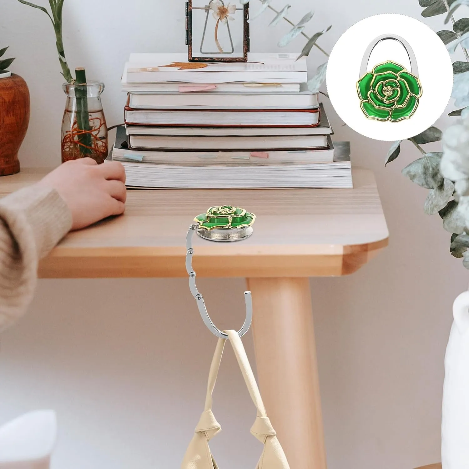 Purse Hanger, Green Rose Handbag Holder Hook Foldable Handbag Hanger, Purse Table Hanger Womens Bag Purse Holder for Desk Tables