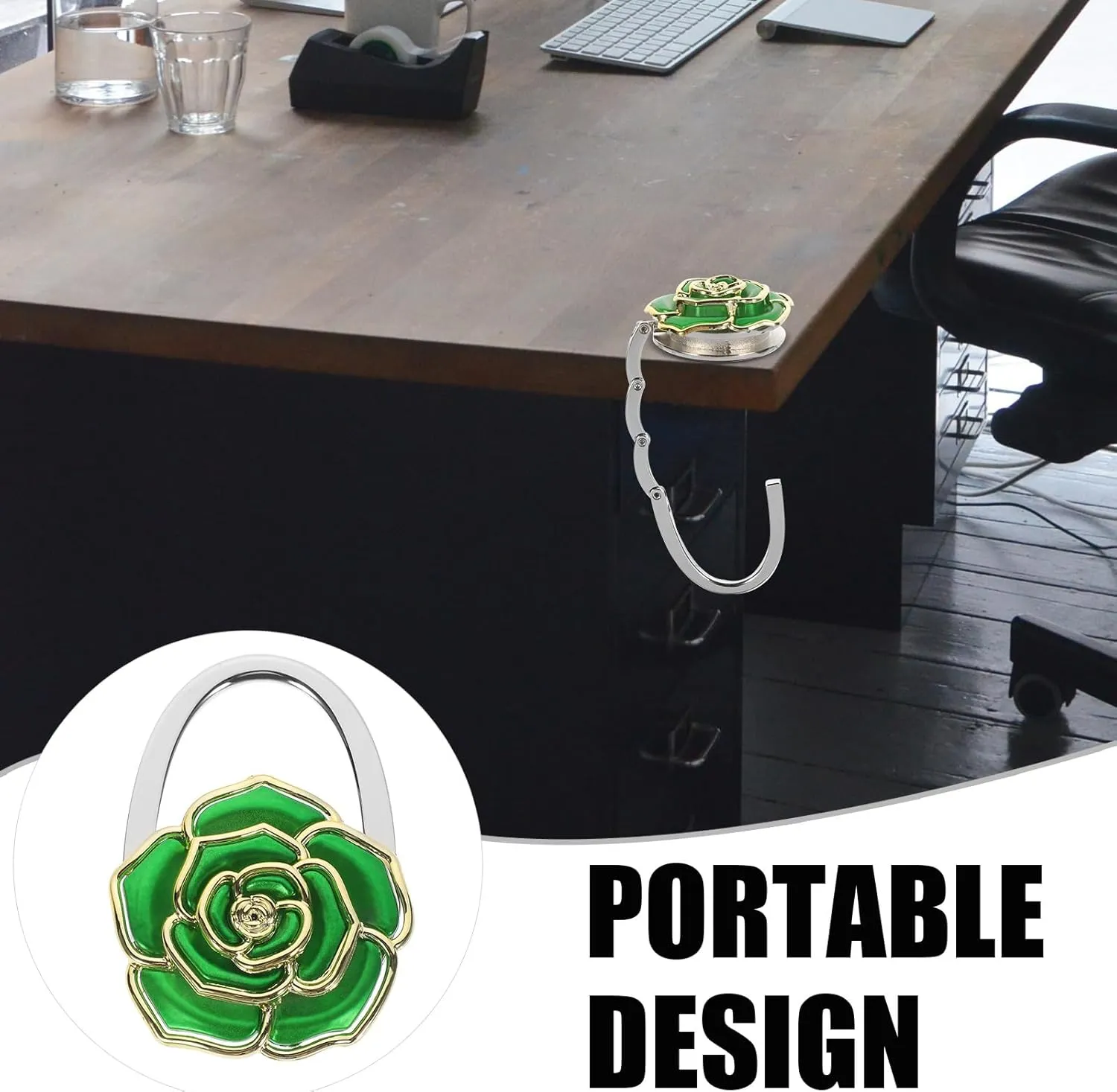 Purse Hanger, Green Rose Handbag Holder Hook Foldable Handbag Hanger, Purse Table Hanger Womens Bag Purse Holder for Desk Tables