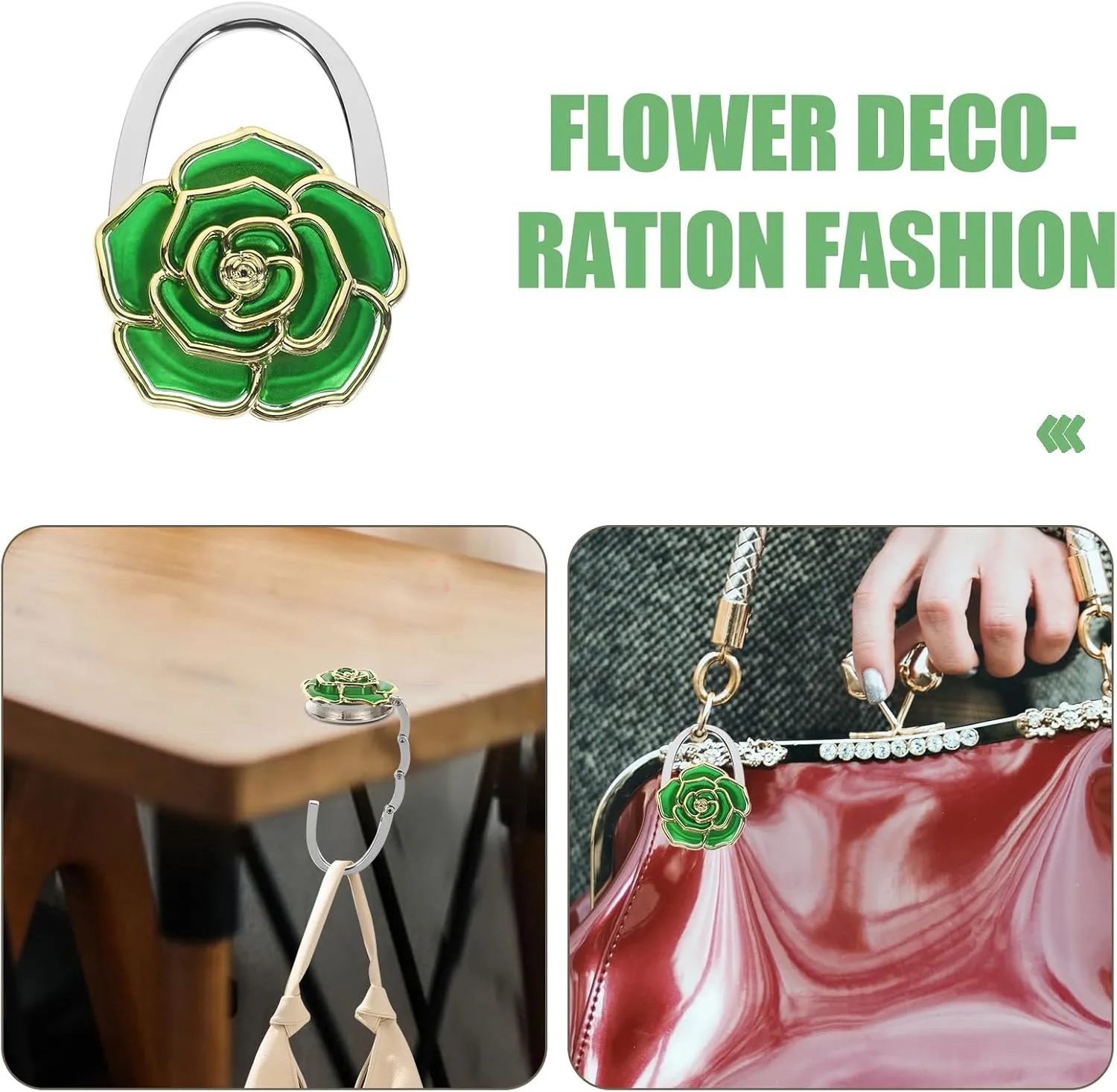 Purse Hanger, Green Rose Handbag Holder Hook Foldable Handbag Hanger, Purse Table Hanger Womens Bag Purse Holder for Desk Tables