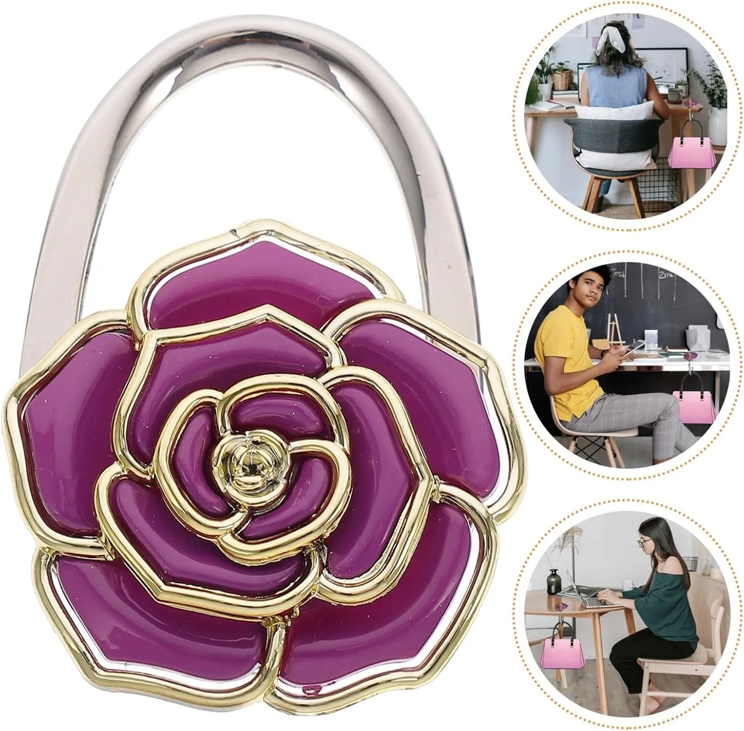 Purse Hanger, Green Rose Handbag Holder Hook Foldable Handbag Hanger, Purse Table Hanger Womens Bag Purse Holder for Desk Tables