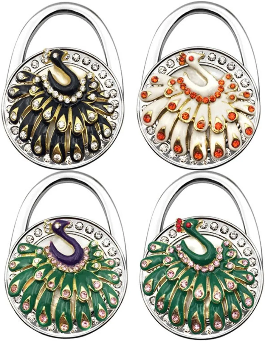 Purse Hook, A Peacock in His Pride Handbag Purse Shape Foldable Handbag Purse Hanger Hook Holder for Tables (Pack of 4)