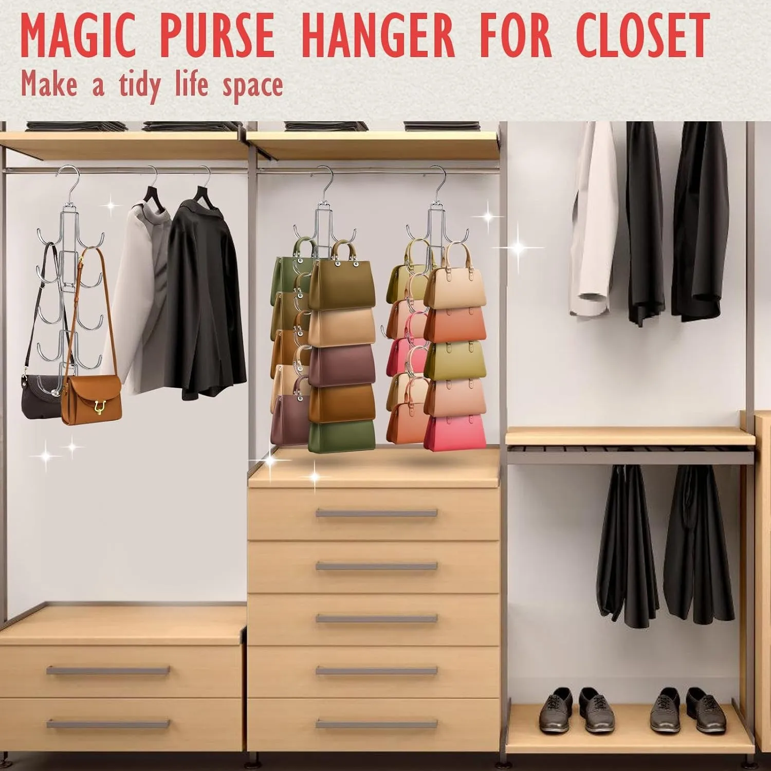 Purse Organizer for Closet, Upgraded Purse Hanger with 10 Big Hooks, 360 Degree Rotation for Better Organizer&Display, Collapsible Space Saving Hangers Rack for Handbag, Belt, Scarve, Tie