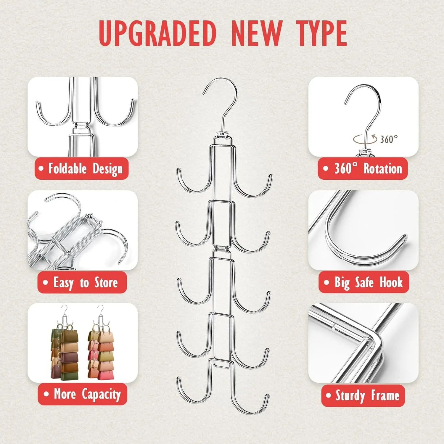 Purse Organizer for Closet, Upgraded Purse Hanger with 10 Big Hooks, 360 Degree Rotation for Better Organizer&Display, Collapsible Space Saving Hangers Rack for Handbag, Belt, Scarve, Tie