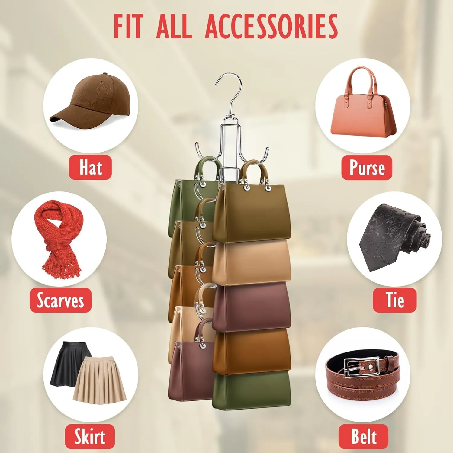 Purse Organizer for Closet, Upgraded Purse Hanger with 10 Big Hooks, 360 Degree Rotation for Better Organizer&Display, Collapsible Space Saving Hangers Rack for Handbag, Belt, Scarve, Tie