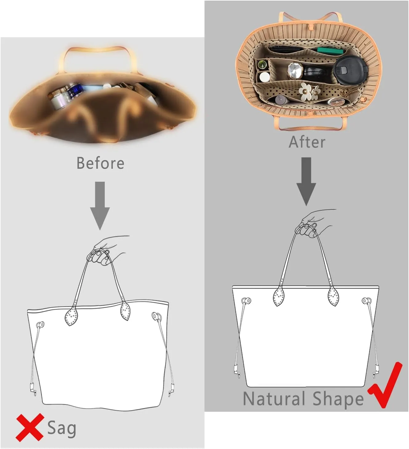 Purse Organizer Insert, Felt Purse Organizer with Zipper and Sewn Bottom Insert, Fit Speedy Neverfull Graceful,6 Sizes