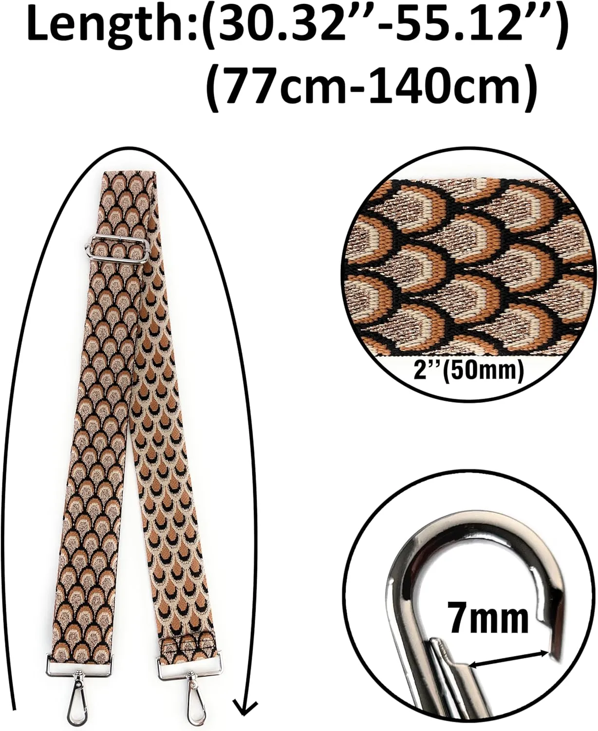 Purse Straps Replacement Crossbody Brown Peacock Print 2 Inch Extra Wide with Silver Buckles Gold Thread Adjustable Shoulder Guitar Strap for Crossbody Bag Purse Handbag
