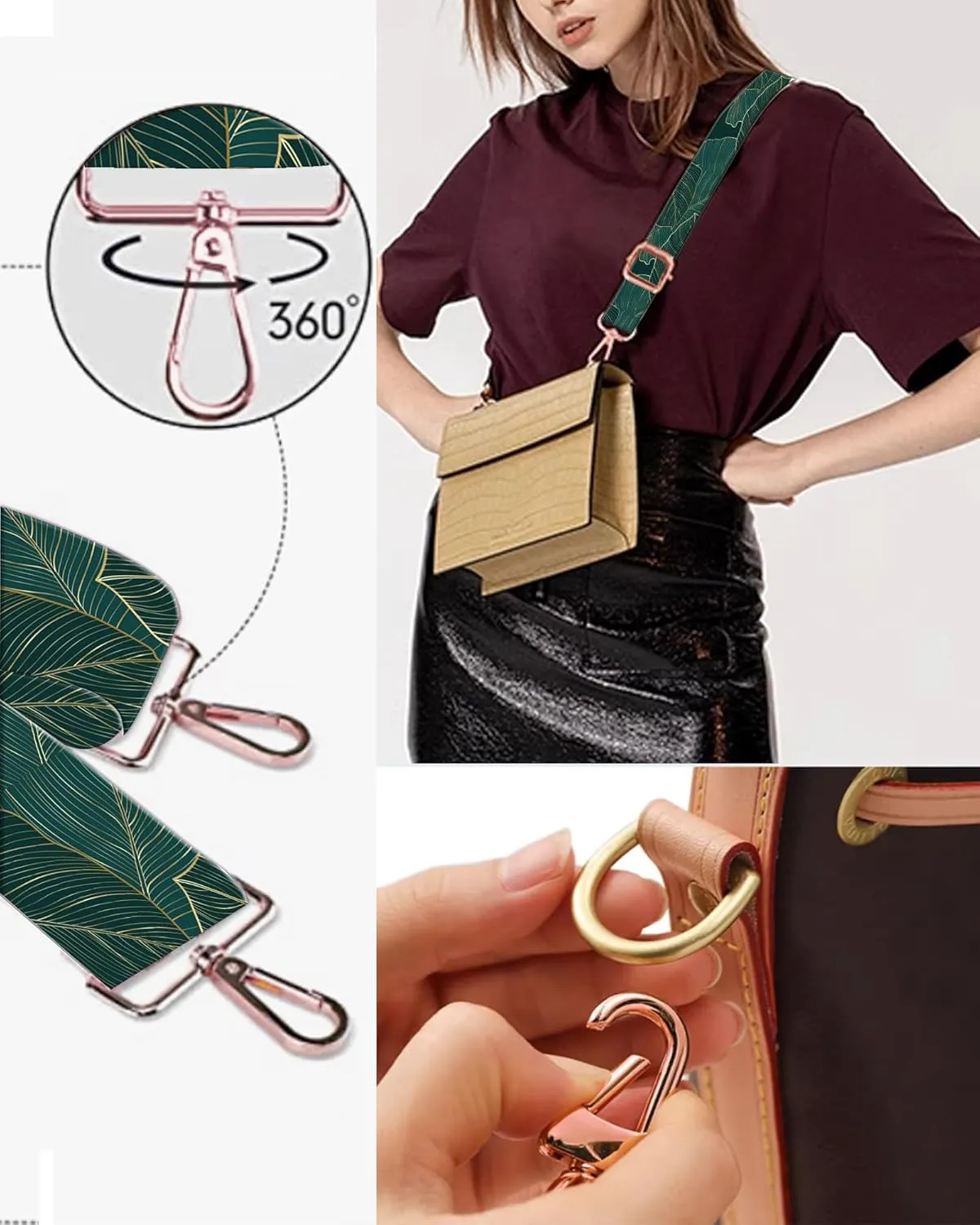 Purse Straps Rose Gold Buckles Wide Shoulder Strap,Fashion Adjustable Replacement Belt for Crossbody Canvas Bag Handbag(Tropical Leaves)