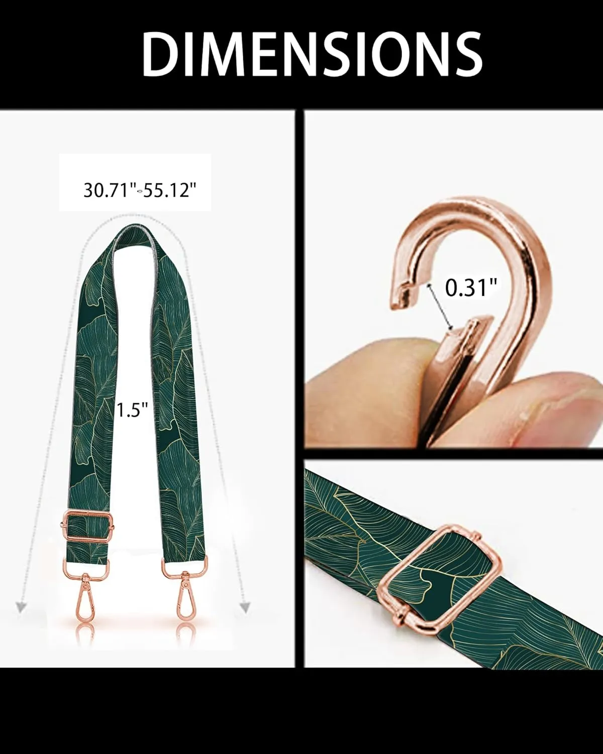 Purse Straps Rose Gold Buckles Wide Shoulder Strap,Fashion Adjustable Replacement Belt for Crossbody Canvas Bag Handbag(Tropical Leaves)