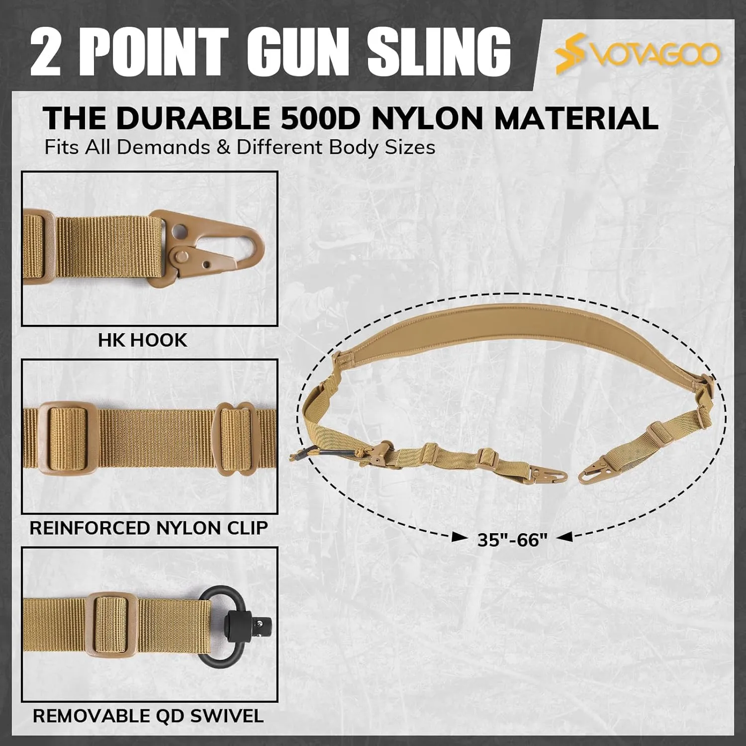 QD Sling 2 Point Sling Swivel Quick Adjust Gun Sling with HK Hook Soft Shoulder Pad, Rifle Sling for Hunting Tactical Strap