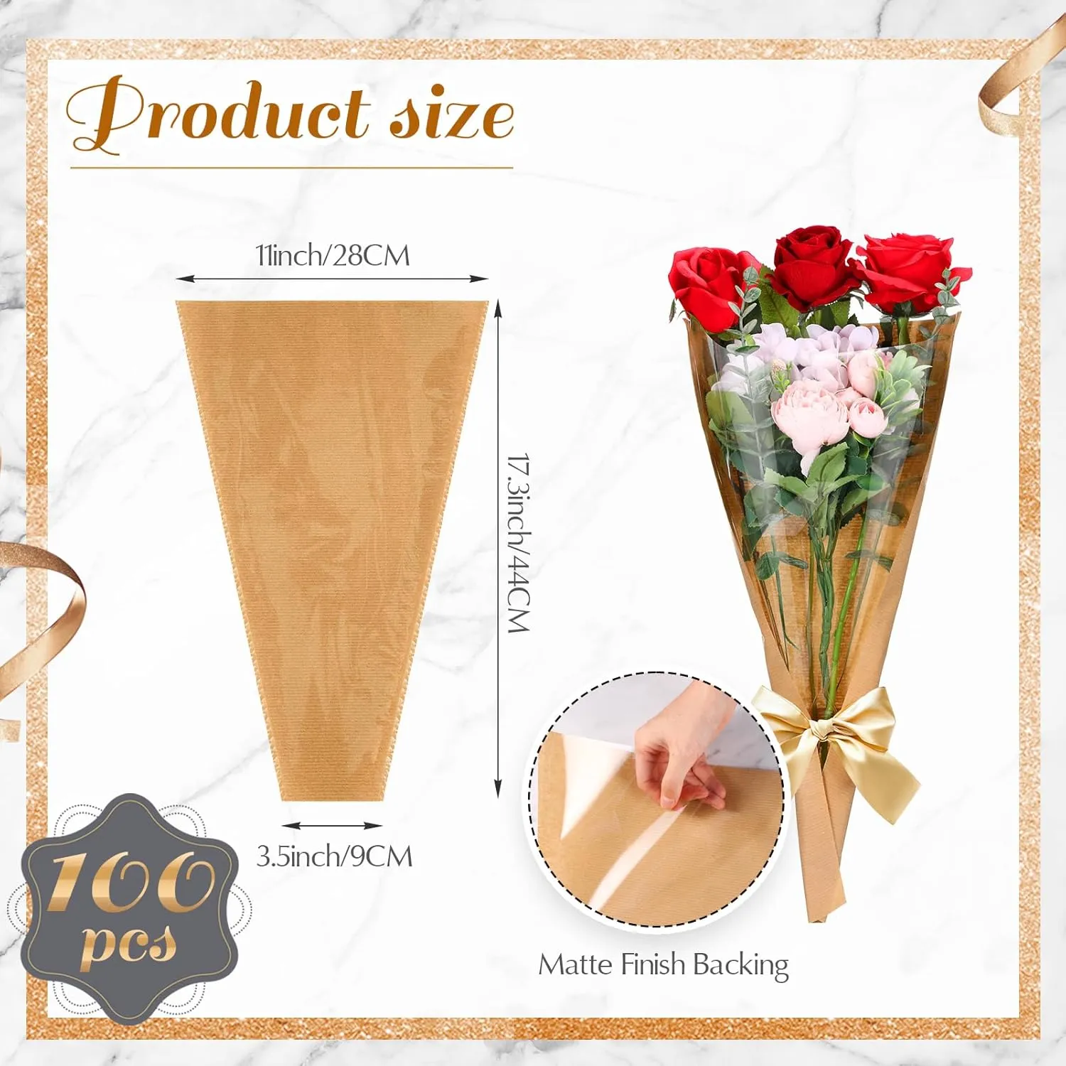Qilery 100 Pcs Flower Bouquet Wrapping Paper Kraft Flower Bouquet Gift Bags Bulk Bags for Bridal Shower Wedding Graduation Anniversary Birthday Mother's Day 11 x 3.5 x 17.3 Inch(Brown)