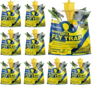 Qualirey 9 Pack Outdoor Fly Bags with Bait, Disposable Hanging Fly Traps, Pet Safe Flies Control, Bug Catcher Killer, Trap Bag Helps Control Horse Flies in Backyard, Ranch, Orchard, Barns, Farm