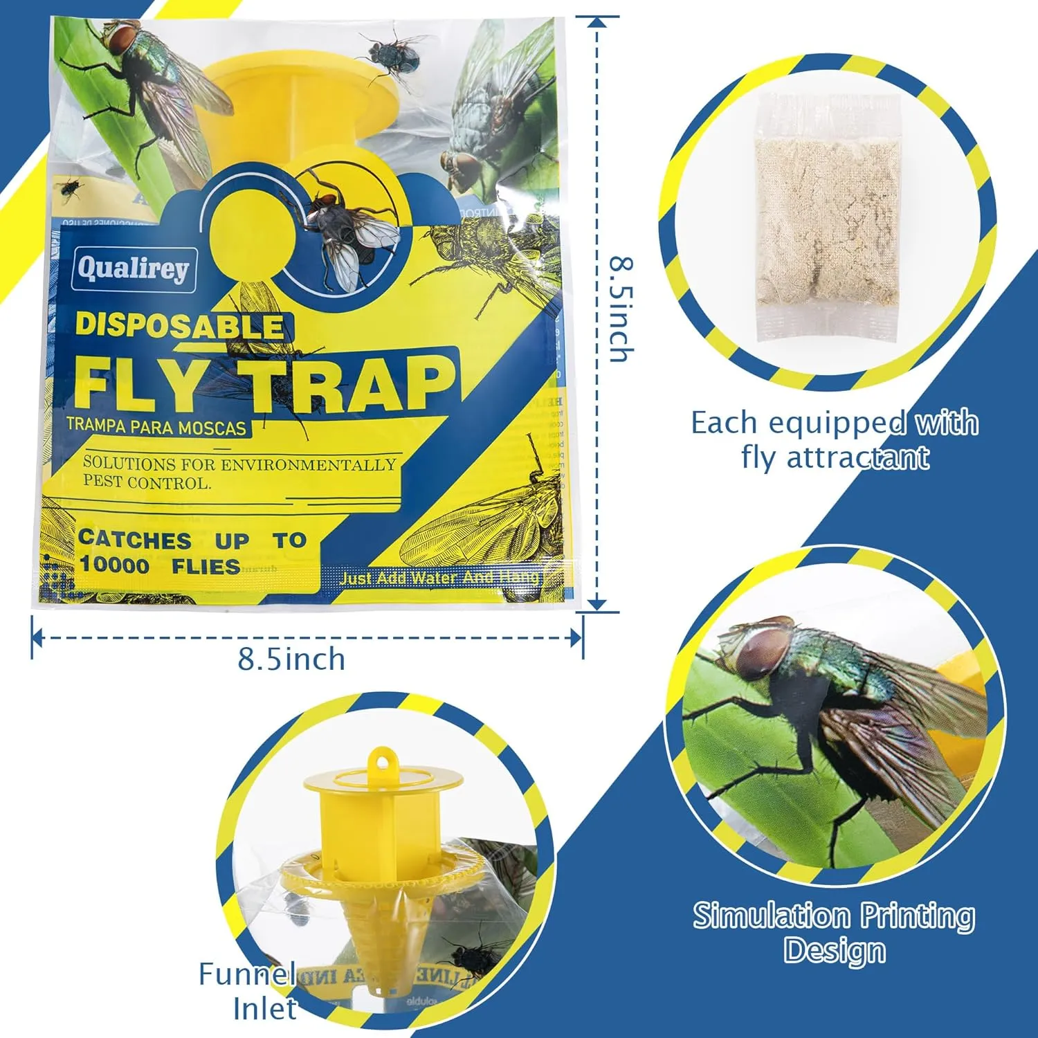 Qualirey 9 Pack Outdoor Fly Bags with Bait, Disposable Hanging Fly Traps, Pet Safe Flies Control, Bug Catcher Killer, Trap Bag Helps Control Horse Flies in Backyard, Ranch, Orchard, Barns, Farm