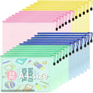 Qualsen 24pcs Mesh Zipper Pouch, Waterproof Mesh Zipper Pouch Bags, A4 Letter Size Multicolor Plastic Organization Bags for Travel Storage, Office Appliances and Home Organization