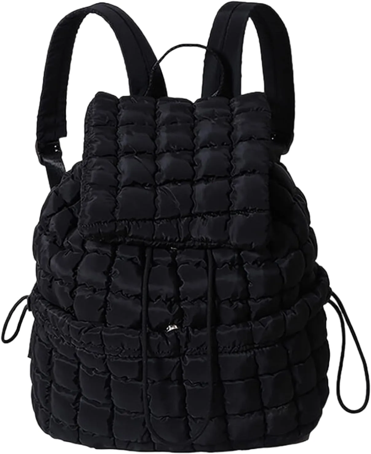 Quilted Backpack For Women Lightweight Trendy Puffer Cotton Top Flap Drawstring Backpack Travel Cloud Gym Bag (Black)