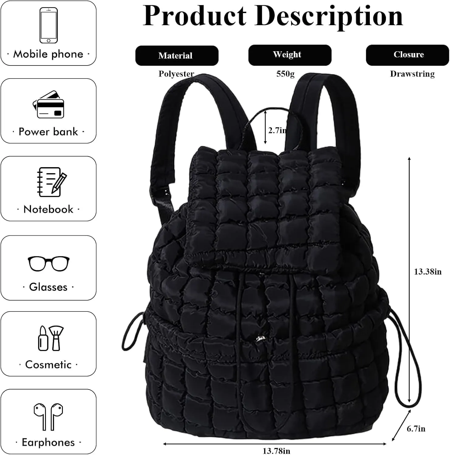 Quilted Backpack For Women Lightweight Trendy Puffer Cotton Top Flap Drawstring Backpack Travel Cloud Gym Bag (Black)