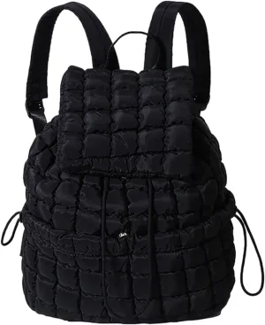 Quilted Backpack For Women Lightweight Trendy Puffer Cotton Top Flap Drawstring Backpack Travel Cloud Gym Bag (Black)