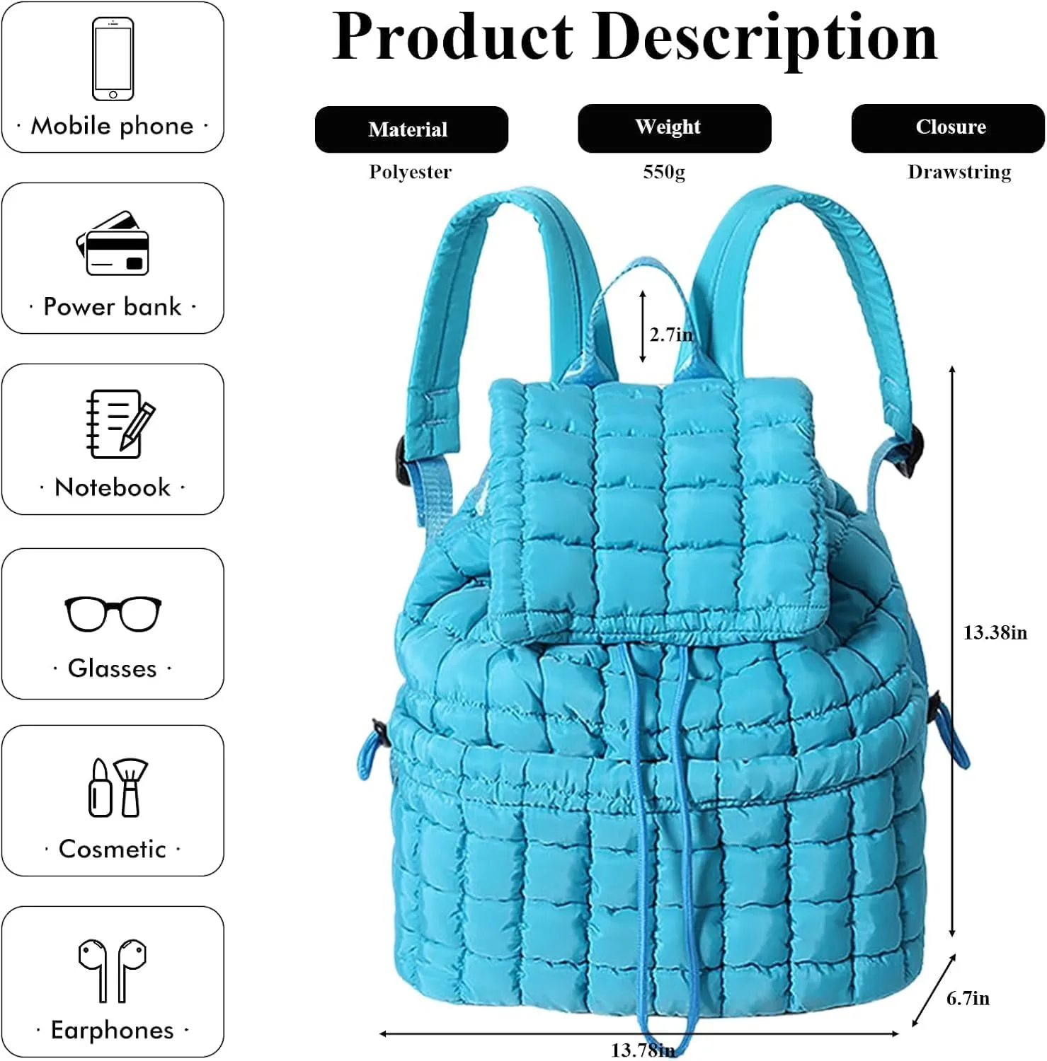 Quilted Backpack For Women Lightweight Trendy Puffer Cotton Top Flap Drawstring Backpack Travel Cloud Gym Bag (Blue)