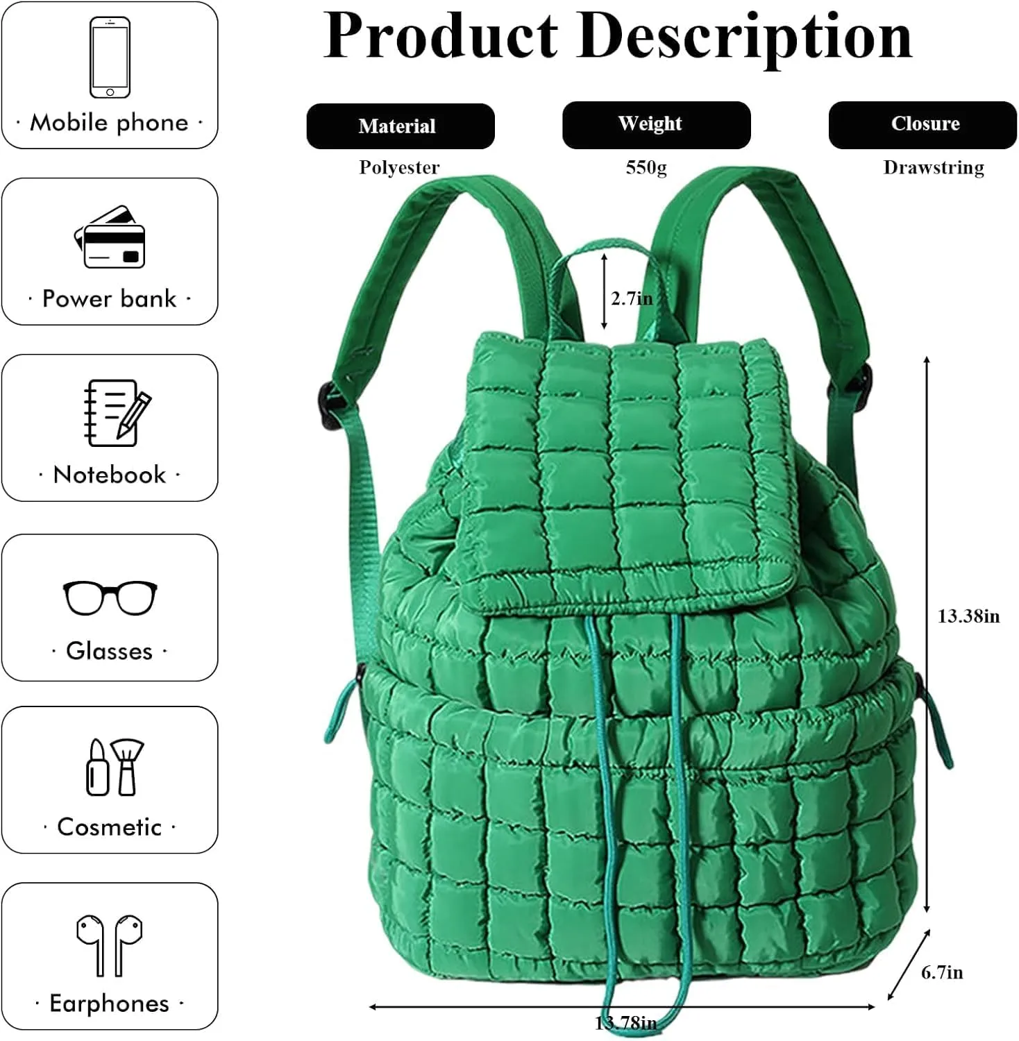 Quilted Backpack For Women Lightweight Trendy Puffer Cotton Top Flap Drawstring Backpack Travel Cloud Gym Bag (Dark Green)
