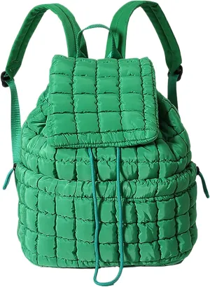 Quilted Backpack For Women Lightweight Trendy Puffer Cotton Top Flap Drawstring Backpack Travel Cloud Gym Bag (Dark Green)